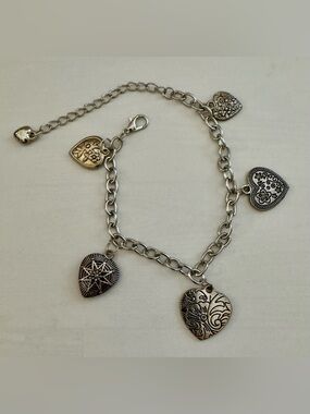 Silver-Tone Heart Charm Bracelet with Floral and Filigree Details